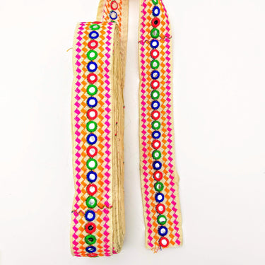 Beige Multicoloured Indian Mirror Trim, Kutch Embroidered Navratri Garba Dress Trim Bridal Lace, Indian Sari Border 38 mm Wide Trim Per Yard